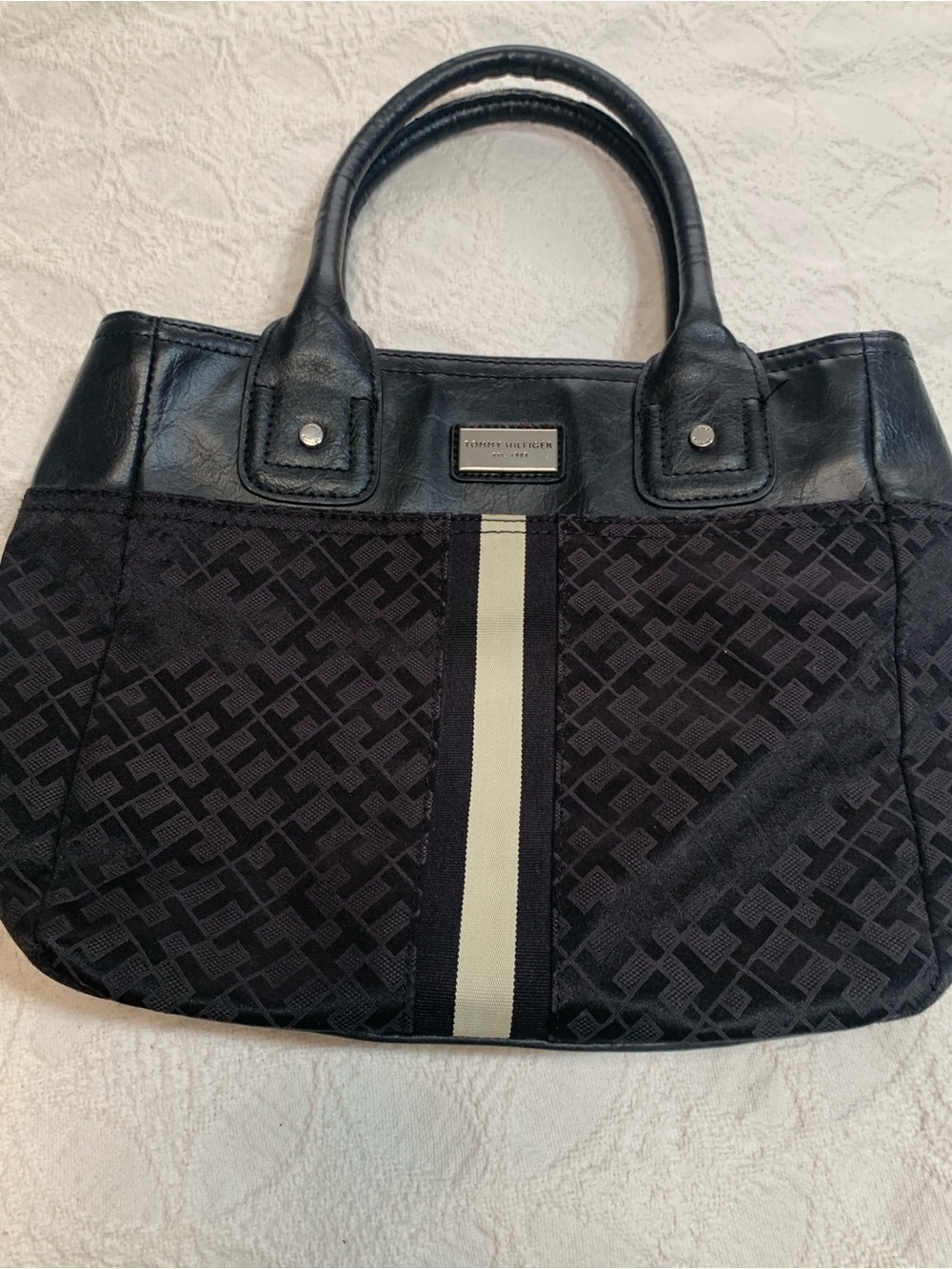 Tommy Hilfiger Black Tote with Ivory Center Stripe
